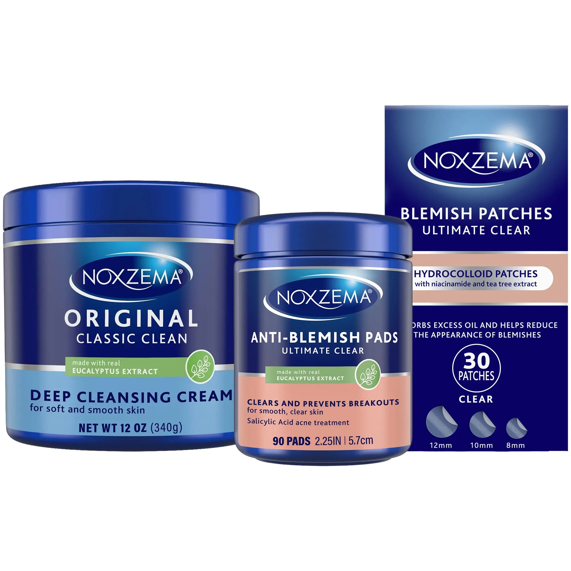 Noxzema Deep Cleansing Cream (12 Oz), Ultimate Clear Anti-Blemish Pads (90), and Blemish Patches (30)