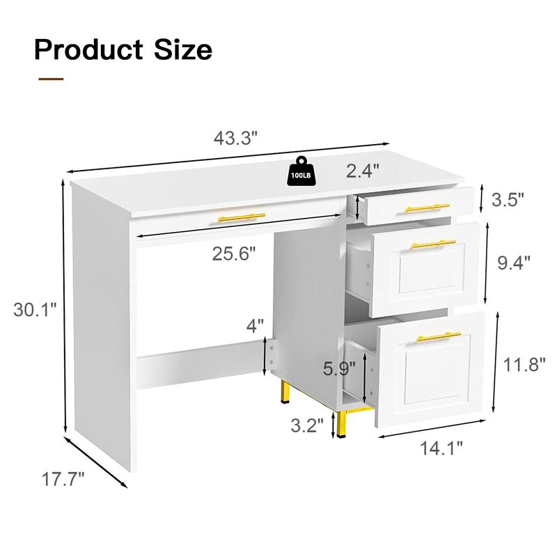 HOMBCK Computer Desk with Drawers, White Desk with 4 Drawers, Home Office Desk for Small Space
