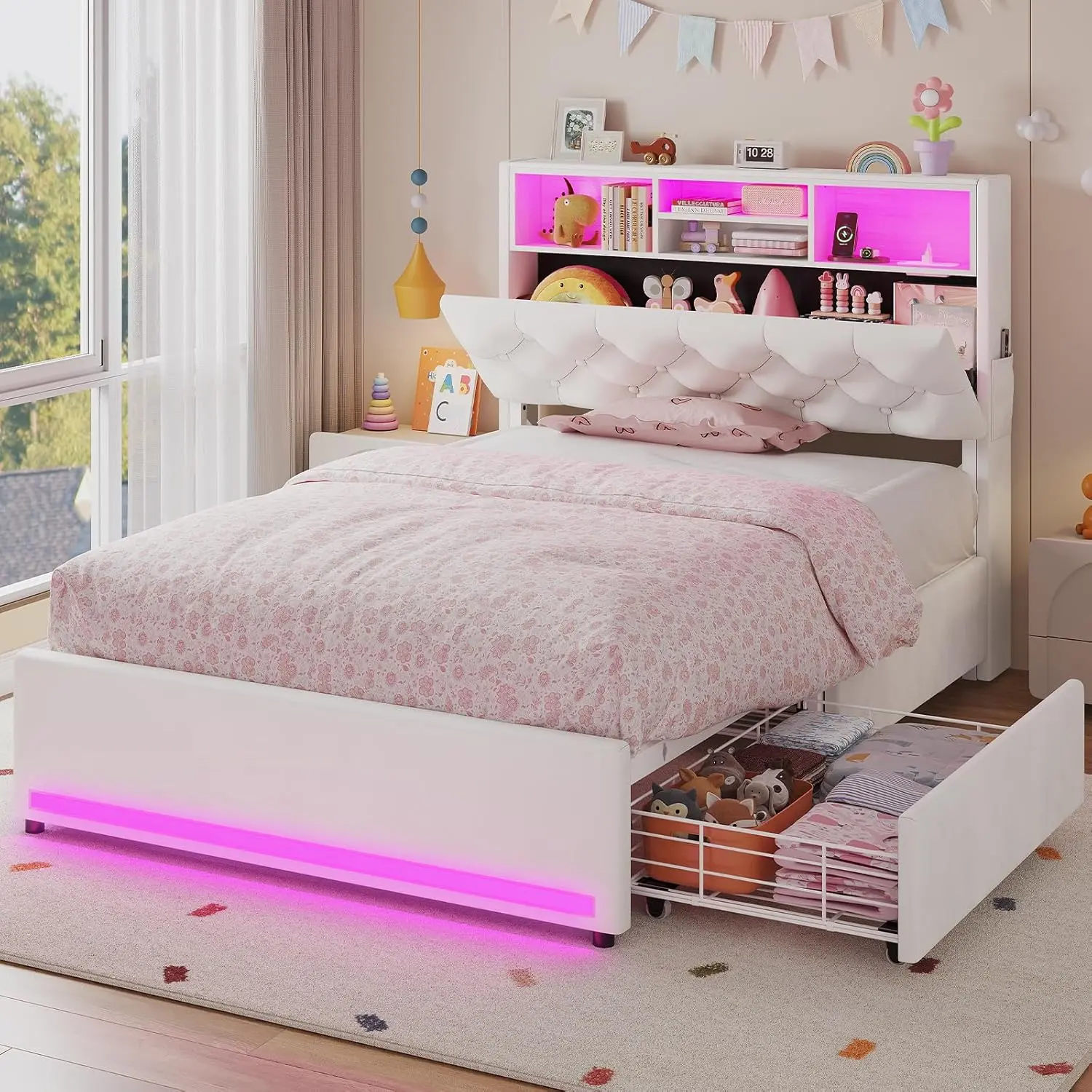 HAUOMS Bed Frame with Bookcase Headboard,LED Bed Frame with 4 Storage Drawers,Power Outlet, Modern Velvet Upholstered Platform Bed Frames for Kids, No Box Spring Needed, Creamy