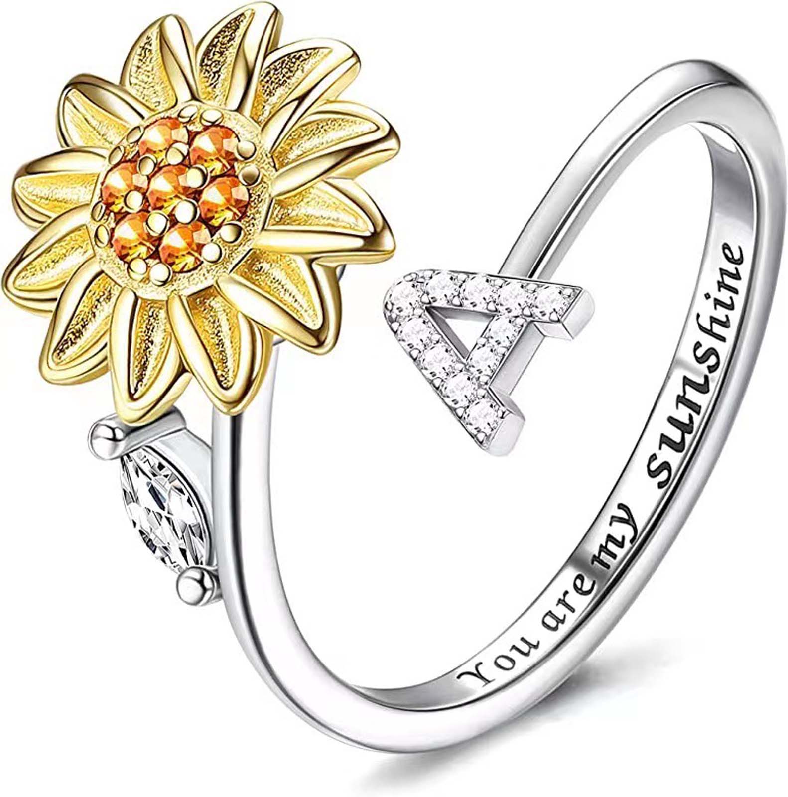"You Are My Sunshine" Floral Artificial Gemstone Spinner Ring - Customized with 26-Letter A-Z Initial Letter Set, Spinner Mechanism, Flowers, Unisex Daily Wear Jewelry Gift for Women & Adults