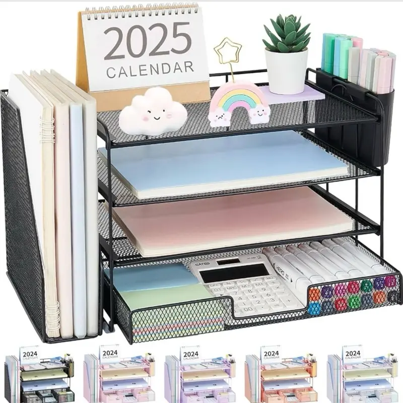 OPNICE Desk Organizer, 4-Tier Desktop File Organizer with Drawer and 2 Pen Holders, Office Desk Accessories, File Sorters, Workspace Organizers for Office Supplies(Black)