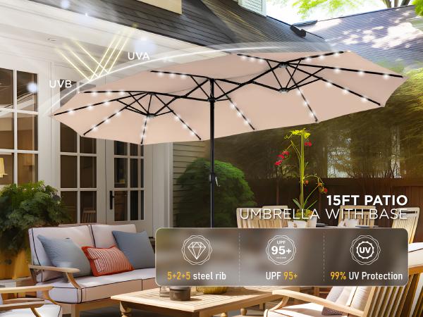 【LED Light Option】Sophia & William 15ft Large Outdoor Patio Umbrella with Base – LED Light Option, Double-Sided, Crank Handle, Waterproof