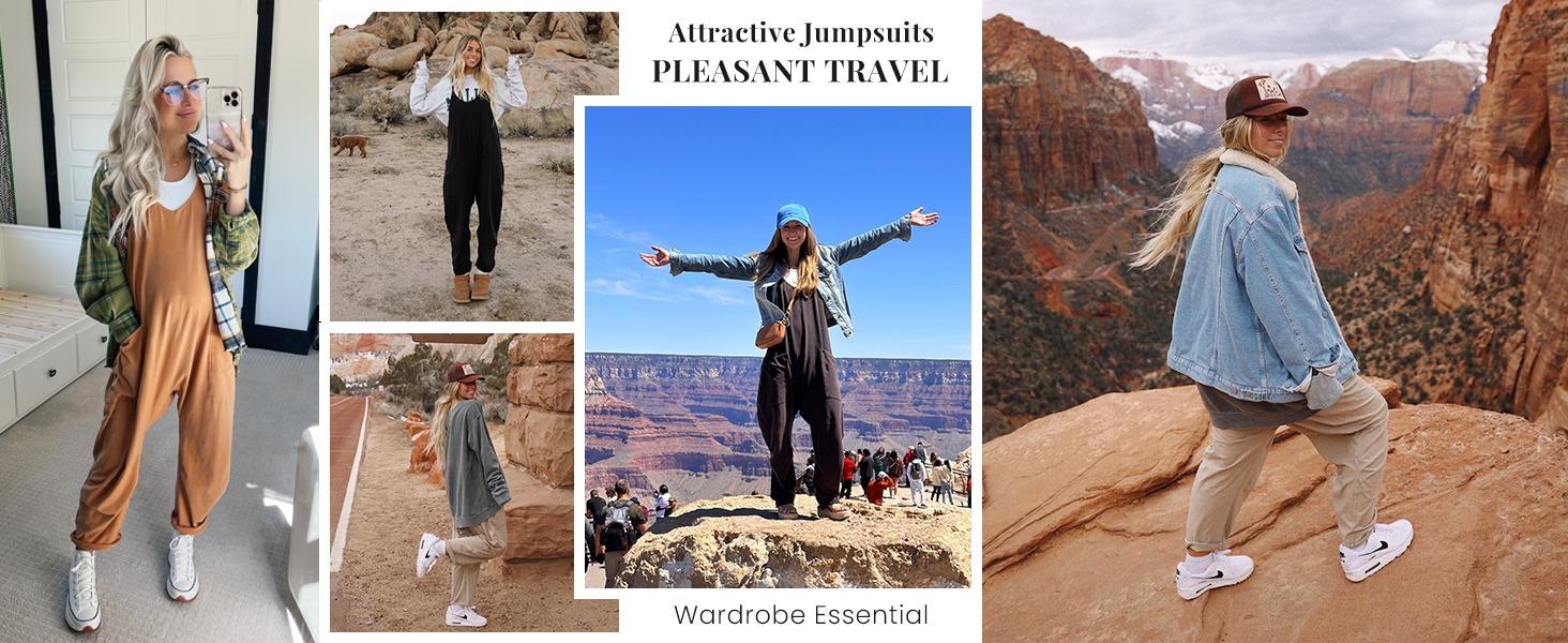 Molitree Women's Causal Jumpsuits V Neck Sleeveless Harem Overalls Stretchy Adjustable Strap Romper with Pockets