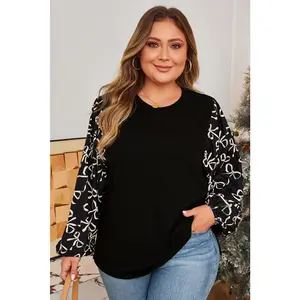 Plus Size Bow Tie Patchwork Long Sleeve Blouse