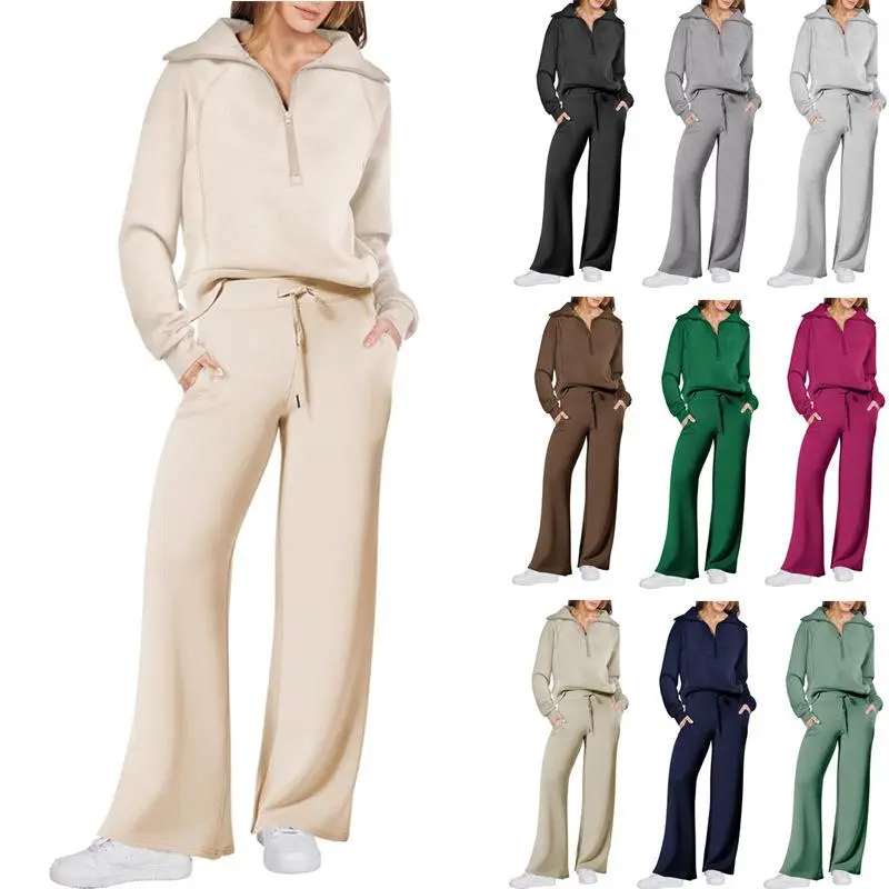 Leisure Sports Suit Long-sleeve Zipper Sweatshirt Wide Leg Pants Two-piece Set Fabric Women
