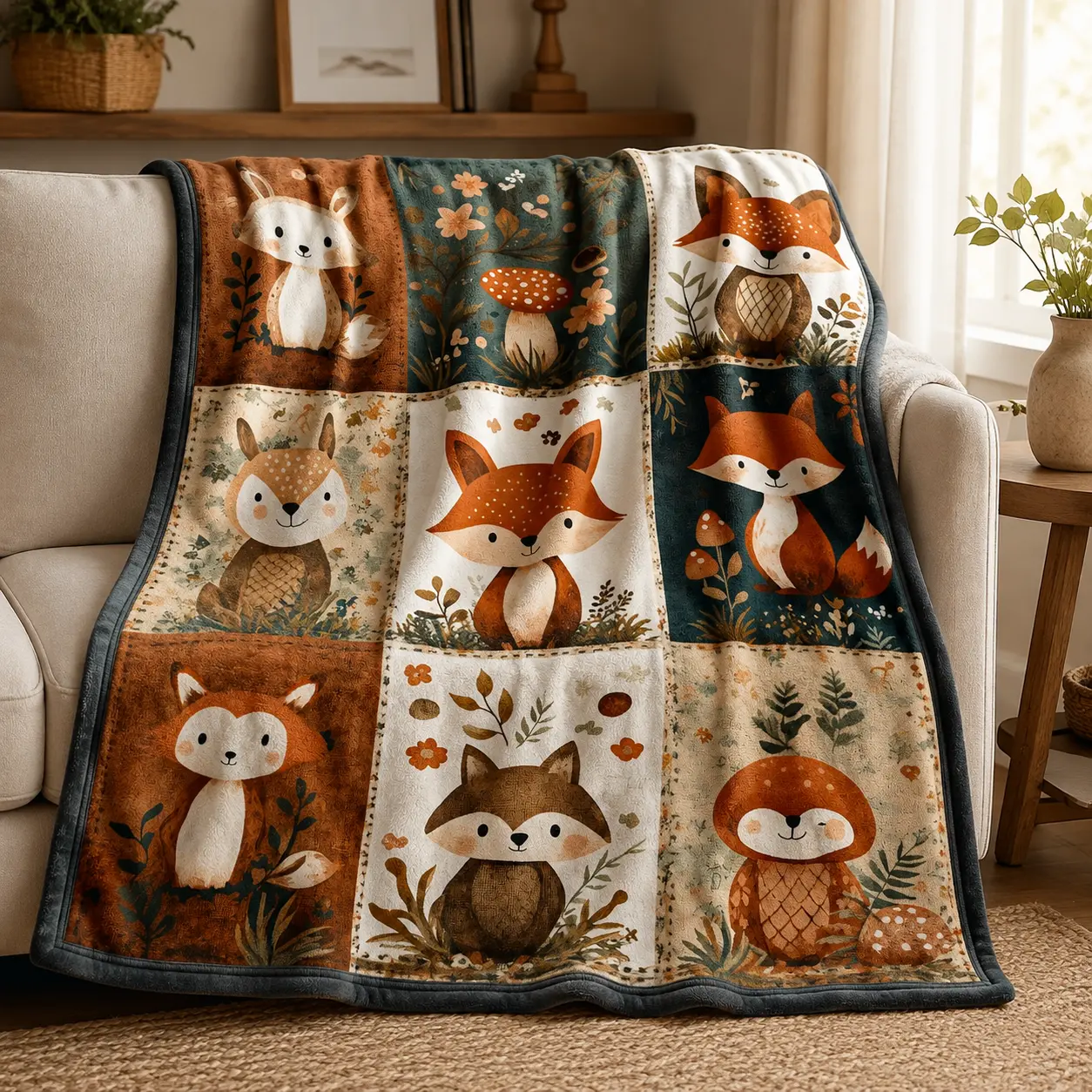 Cottagecore Multi-Size Flannel Fabric Blanket - Vintage Patchwork, Forest Animals (Fox, Owl, Deer, Mushroom), Soft Warm Plush Throw for Kids Room Nursery, Ideal Baby Shower Gift & Home Decor