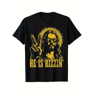 Men's Humorous Jesus Meme T-Shirt He Is Rizzin Graphic Print Casual Short Sleeve Crewneck Tee for Easter and Casual Wear Playful Cotton Tee