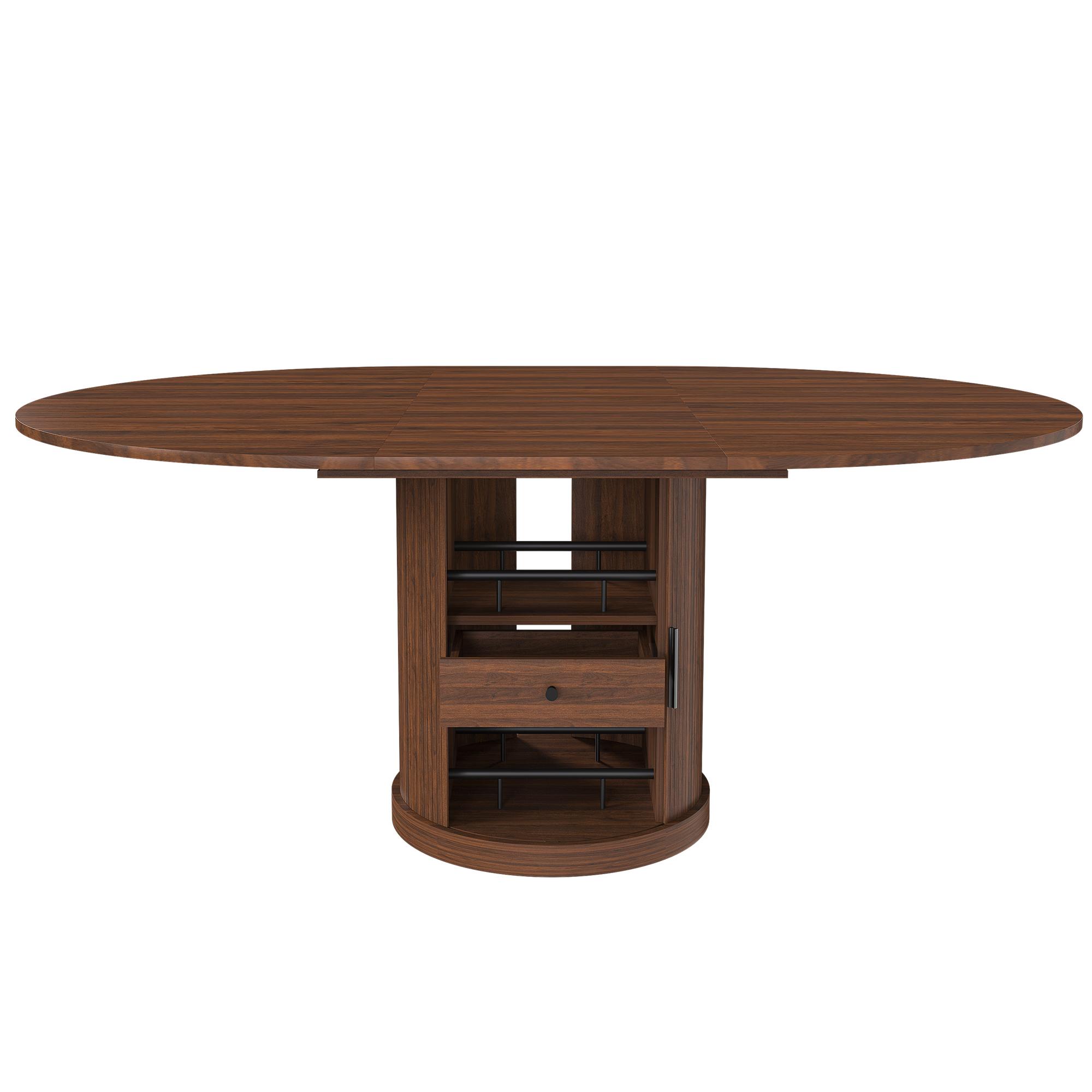 59" Extendable Oval Dining Table with 2-Tier Storage for 4-6, Space Saving Expandable Kitchen Table in Walnut Brown, MDF with Walnut Finish & Pedestal Base