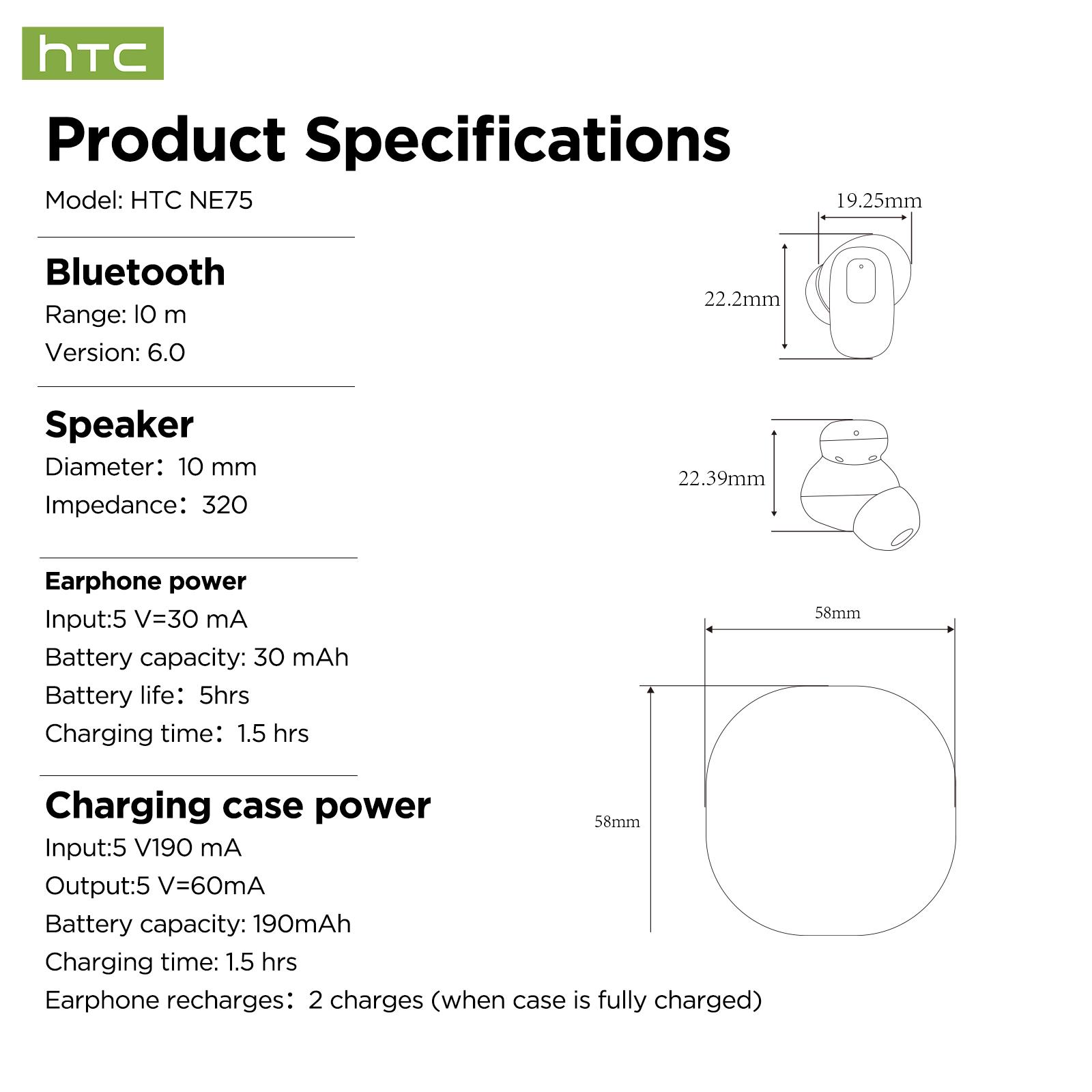 HTC NE75 TWS Wireless Earphones, Bluetooth 5.3 Headphones with HiFi Sound & Built-in Microphone, Noise Isolating Sports Earbuds for Gym, Study, Work & Entertainment