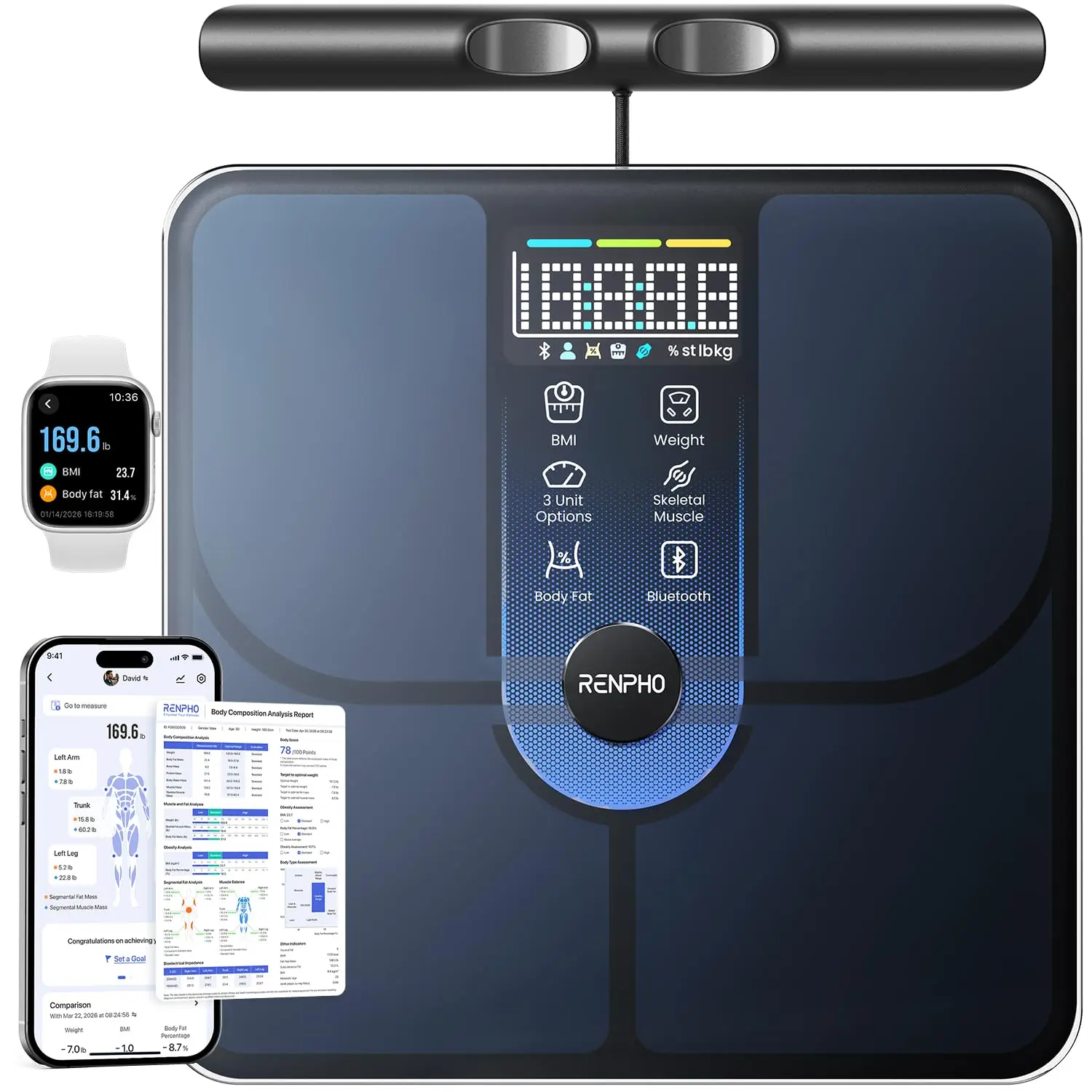 RENPHO Smart Scale, Body Composition Scale with Handle, 8-Electrode Bathroom Scale for Body Weight, BMI, Muscle Mass, Body Fat Measurement Device with Bluetooth, Morphoscan Lite