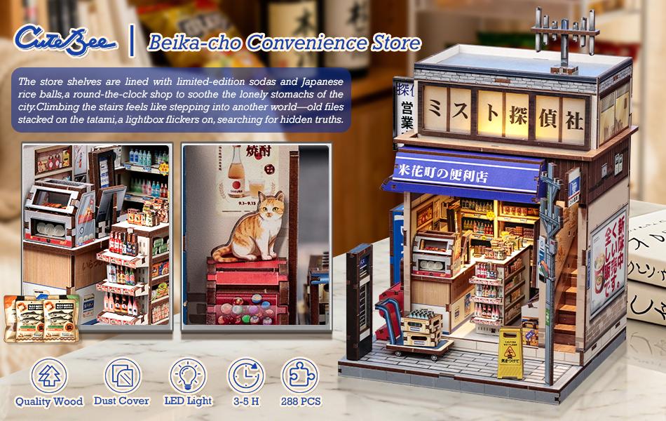 CUTEBEE Beika-cho Convenience Store Book Nook Kit DIY Miniature House Japanese Detective Store Dollhouse Booknook for Adults Tiny House Bookshelf Decor 3D Wooden Puzzle Gifts