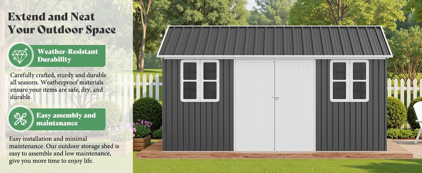 [Spring Sale] AMERLIFE Shed 4-pane Window Nordic Cottage Storage Shed Outdoor Metal Garden House Double Hinged Lockable Doors for Backyard Garden Patio Lawn