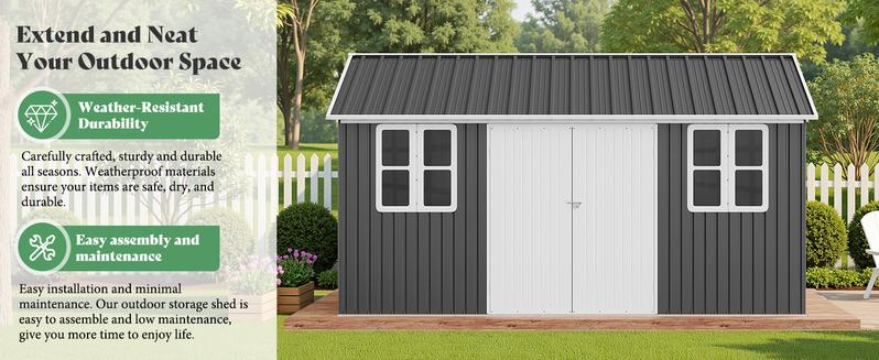 Amerlife Shed 4-pane Window Nordic Cottage Storage Shed Outdoor Metal Garden House Double Hinged Lockable Doors for Backyard Garden Patio Lawn
