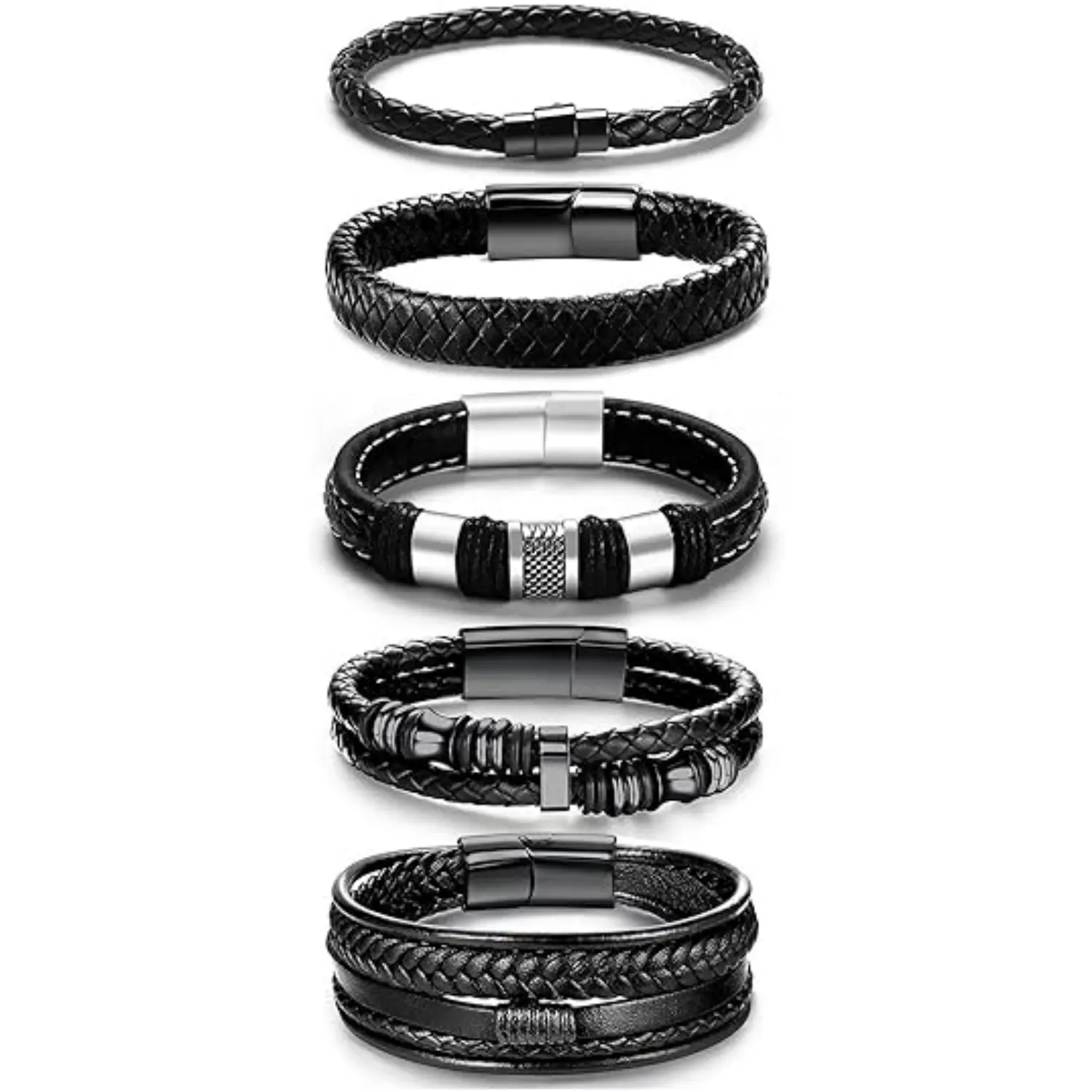 5PCS Black Leather Bracelets for Men Women Men Bracelet Leather and Steel Braided Cuff Bracelets