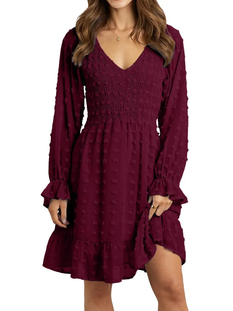burgundy swiss dot dress Round Neck Sheer Long Sleeve Swiss Dot Dress -Burgandy M (6)