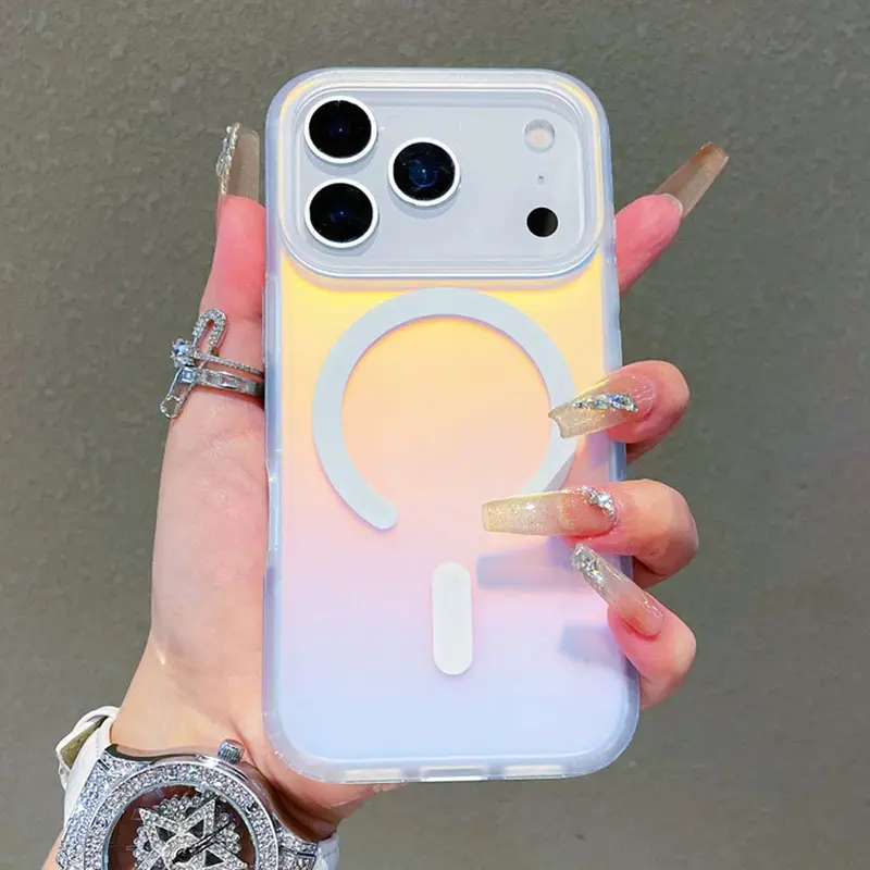 Caseethy Aesthetic Holographic Iridescent Rainbow Phone Case - Polycarbonate Wireless Shockproof Magnetic Magsafe Cover for iPhone 13,14,15,16,17 Pro Max - Phone Accessories Casing