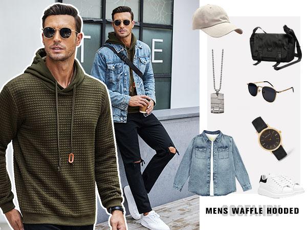 Coofandy Fall Outfits Men's Black Waffle Knit Hoodie with Adjustable Drawstring Casual Long Sleeve Pullover for Daily Wear & Street Style Coofandy Fall Outfits Men's Black Waffle Knit Hoodie with Adjustable Drawstring Casual Long Sleeve Pullover for Daily Wear & Street Style