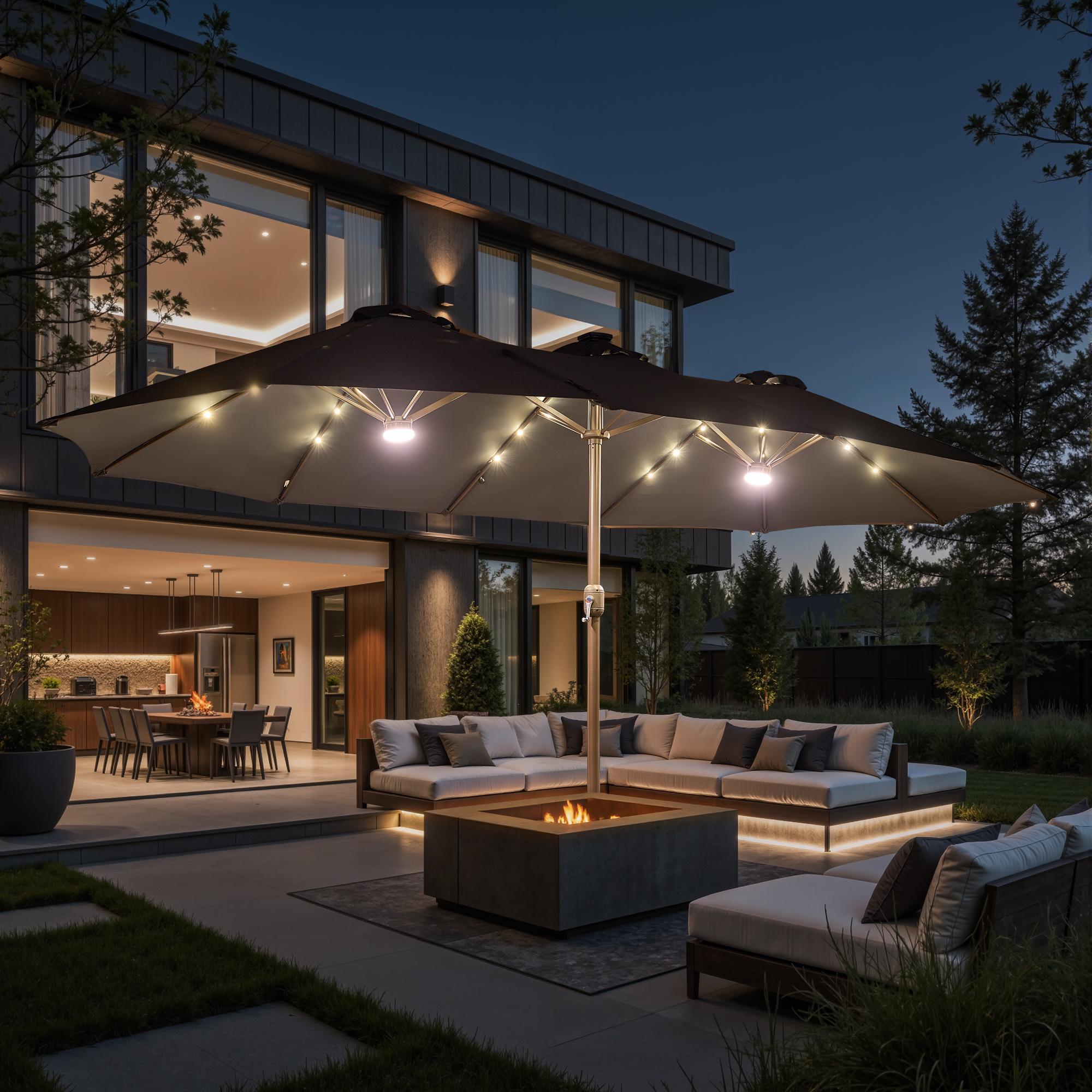 【Rainbow Lighted Umbrella & Table】Ovios 15ft Double-Sided Patio Umbrella with Solar Lights & Umbrella Hold Table, Outdoor Large Umbrellas with Crank Handle and 36 LED Lights, Rectangular Market Umbrella with Base Included for Deck Pool Shade