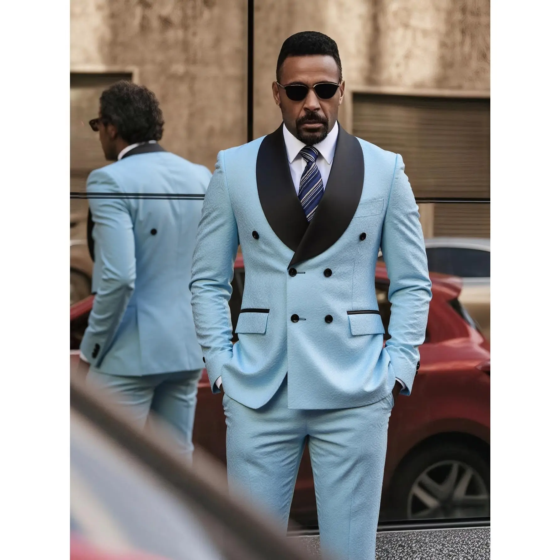 Men's Original 2-Piece Formal Wear Suit Set - Elegant Floral Jacquard Tuxedo with Shawl Lapel, Double Breasted Long Sleeve Jacket & Pants, Polyester Fabric, Drape Fit, Inner Pockets for Weddings