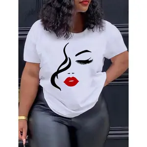 Cotton Short Sleeve  T-Shirt's Chic Half-Face Printed T-Shirt - Casual Round Neck, Short Sleeve in 100%, Perfect for Spring/Summer/Fall, Machine Washable Crewneck Fabric