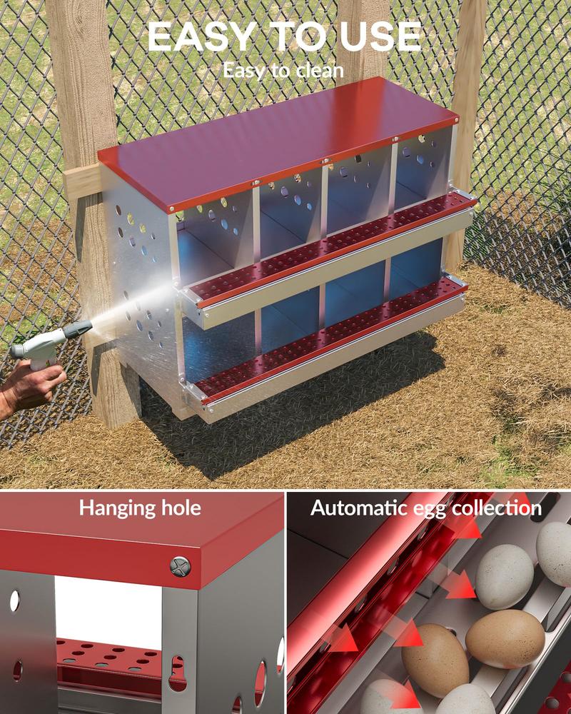 GARVEE 8-Hole Chicken Nesting Box with Metal Roll Away Automatic Egg Collection, Galvanized Steel, Waterproof, Ventilated, Wall-Mountable for Farm Use