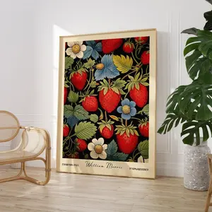William Morris Strawberry Print: Retro Botanical Kitchen Wall Art Frameless Poster C