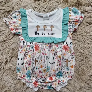 Short sleeves He is risen cross flower printed bubble baby girls Easter romper