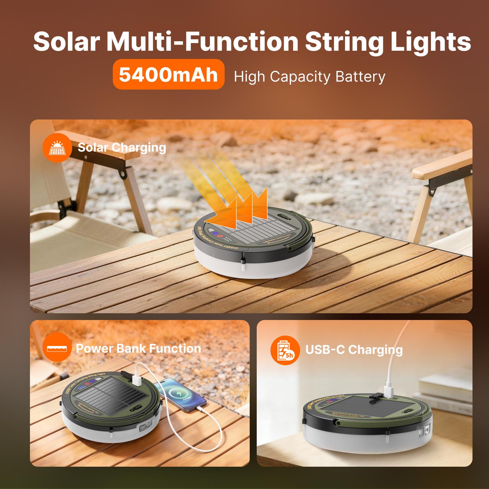 OGERY Solar Camping String Lights, 5400mAh 49.2Ft Retractable LED String Lights, Solar & Battery Powered, Waterproof Emergency Outdoor Lights