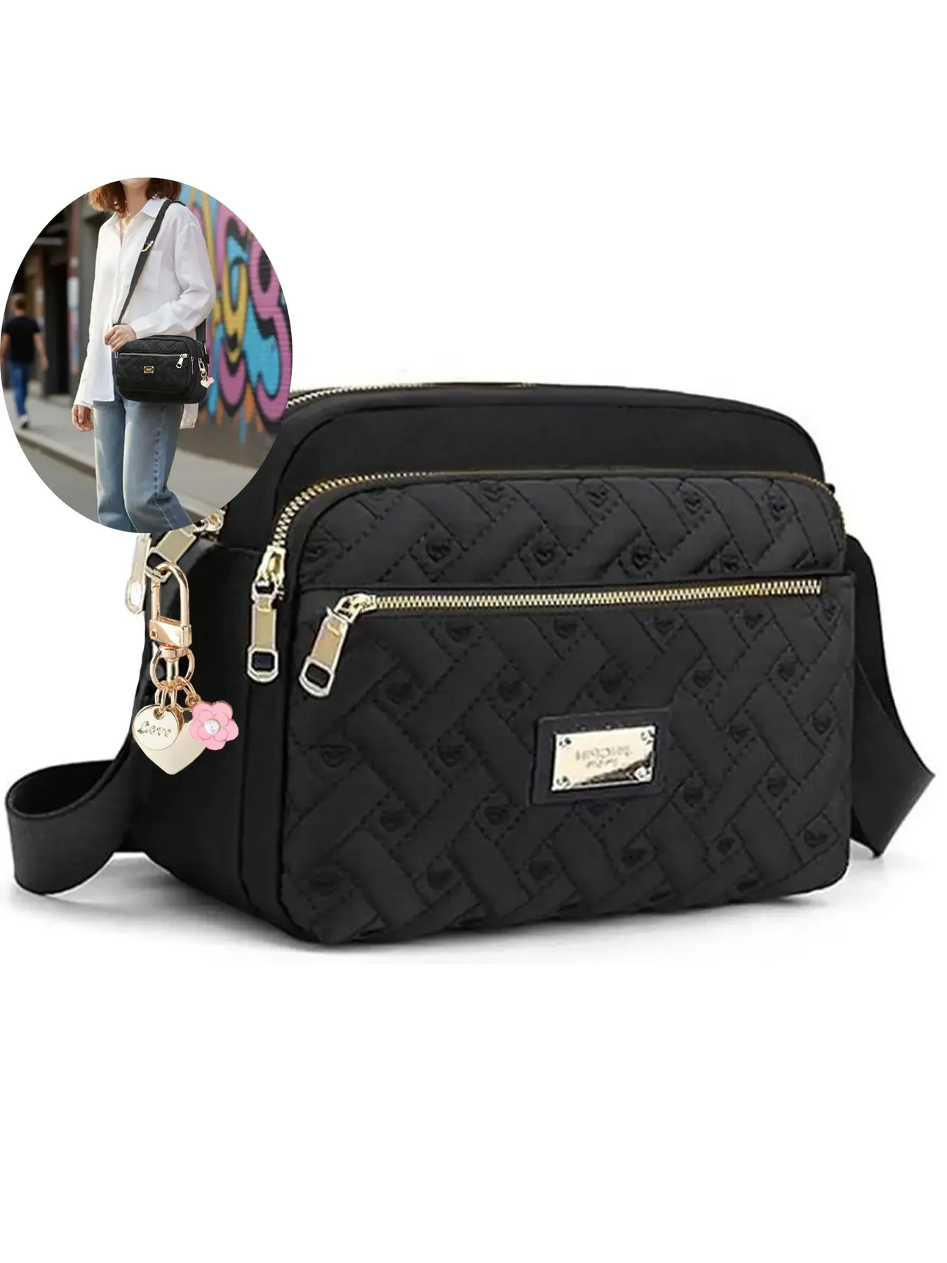 Fashion Heart Zipper Design Embroidered Shoulder Crossbody Bag, Multi-Pocket, Perfect Gift for Women, Ideal for Parties and Work, Fashion Patterned Bag