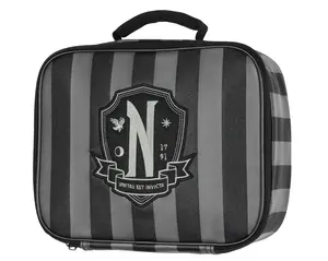 Addams Family Wednesday TV Show Striped Nevermore Academy Student Girls Insulated Lunch Box Food Tote Bag 10"