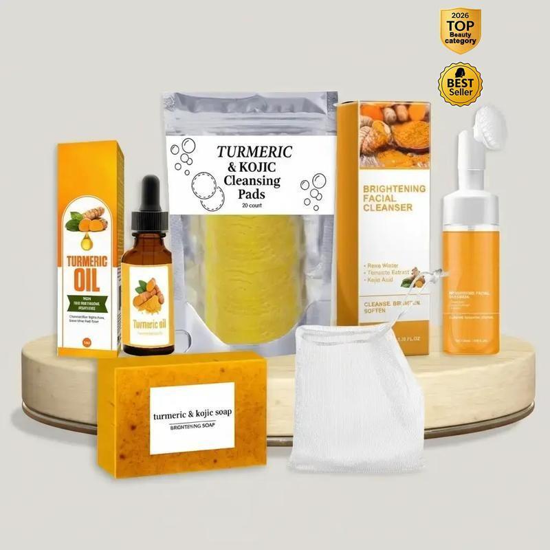 Turmeric Skin Care Kit, 5 Counts/set Facial Cleansing Pads & Soap & Oil & Cleansing Mousse & Facial Cleanser & Lathering Net, Skin Care Kit for Women & Men, Turmeric Face Wash