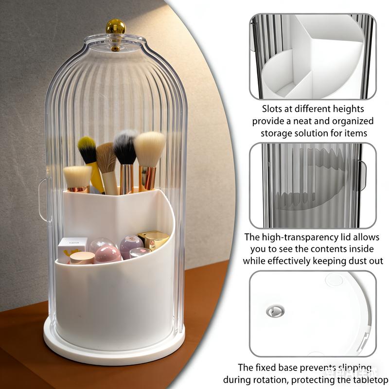Dustproof Toothbrush Holders with Cover,Storage Bucket Organizers with Transparent Door Lid,360° Rotating Clearance Makeup Organizer for Vanity Bathroom Desktop Countertop Storage,Spinning Makeup Brush Holder Boxes,White&Grey,Multi-functional Storage