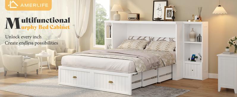 [Ships in 2 Boxes] AMERLIFE Murphy Bed with Bedside Tables, Foldable Cabinet with 3 Storage Drawers & Charging Station, Farmhouse Hideaway Bed for Bedroom/Office/Guest Room