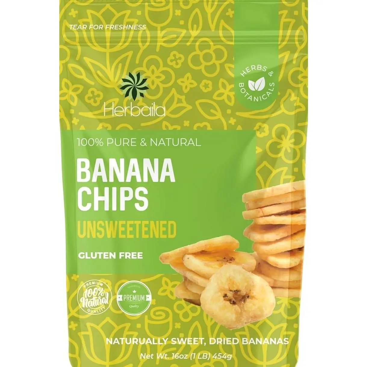 Herbaila Dried Banana Chips Unsweetened Bulk, 1 lb. Dried Bananas, Unsweetened Banana Chips, Dehydrated Bananas, Unsweetened Dried Banana slices, Banana Crisps. All Natural, Non-GMO, 16 oz.