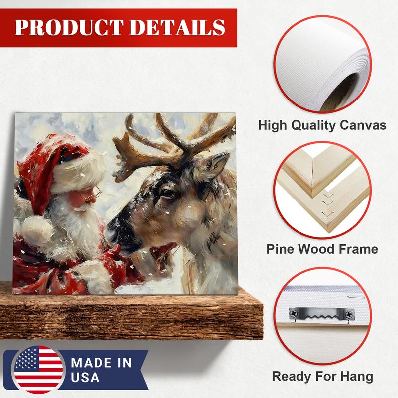 WiHoo Santa Claus Framed Vintage Christmas Canvas Wall Art Print, Rustic Winter Painting Christmas Pictures Wall Decor Christmas Gifts for Home Living Room Bedroom Decor Made in USA