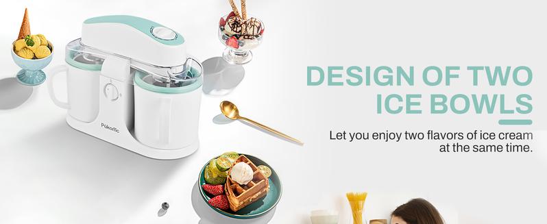 Pukomc Ice Cream Maker Machine for Home Use, with Two Ice Cream Bowls,Simple Operation and Easy to Clean,White Green