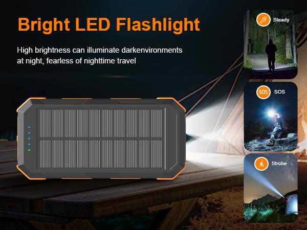 Solar Charger Power Bank 38800mAh-20000mAh, Portable Charger, 4 Cables 3 Ports Fast Charging External Battery Pack with USB C for Cell Phones, Solar Panel Charger with Dual Flashlight for Camping