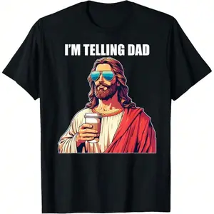 I'm Telling Dad Shirt Funny Religious Christian Jesus Meme T-Shirt Oversized Short Sleeve Classic Heavy Cotton T Shirt Printed Graphic Tee Women's Casual Short-Sleeved Top