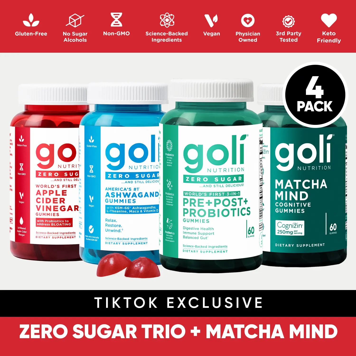NEW Wellness Best Seller 4-Pack - 3-in-1 Pre, Post & Probiotic Gummies, Apple Cider Vinegar Gummies with Vitamin B12 & Probiotics, Ashwagandha Gummies with L-Theanine & Vitamin D, + Matcha Mind Cognitive Gummies with Cognizin. Gluten-Free, Vegan & Non-GMO