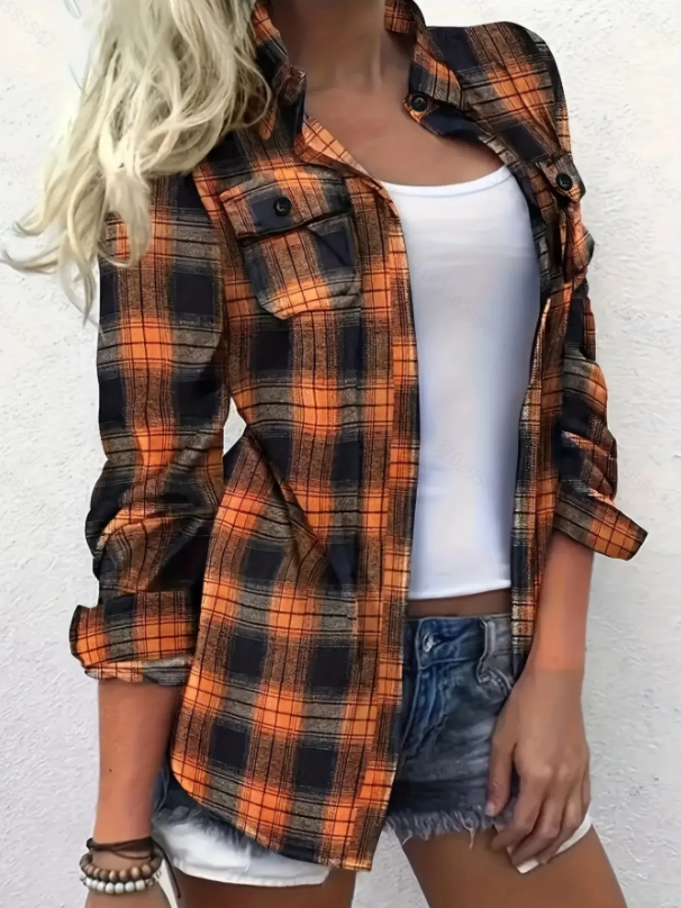 Women's Plaid Woven Long Sleeve Button Front Fitted Shirt, Casual Elegant Top for Spring & Fall, Stylish Daily Wear