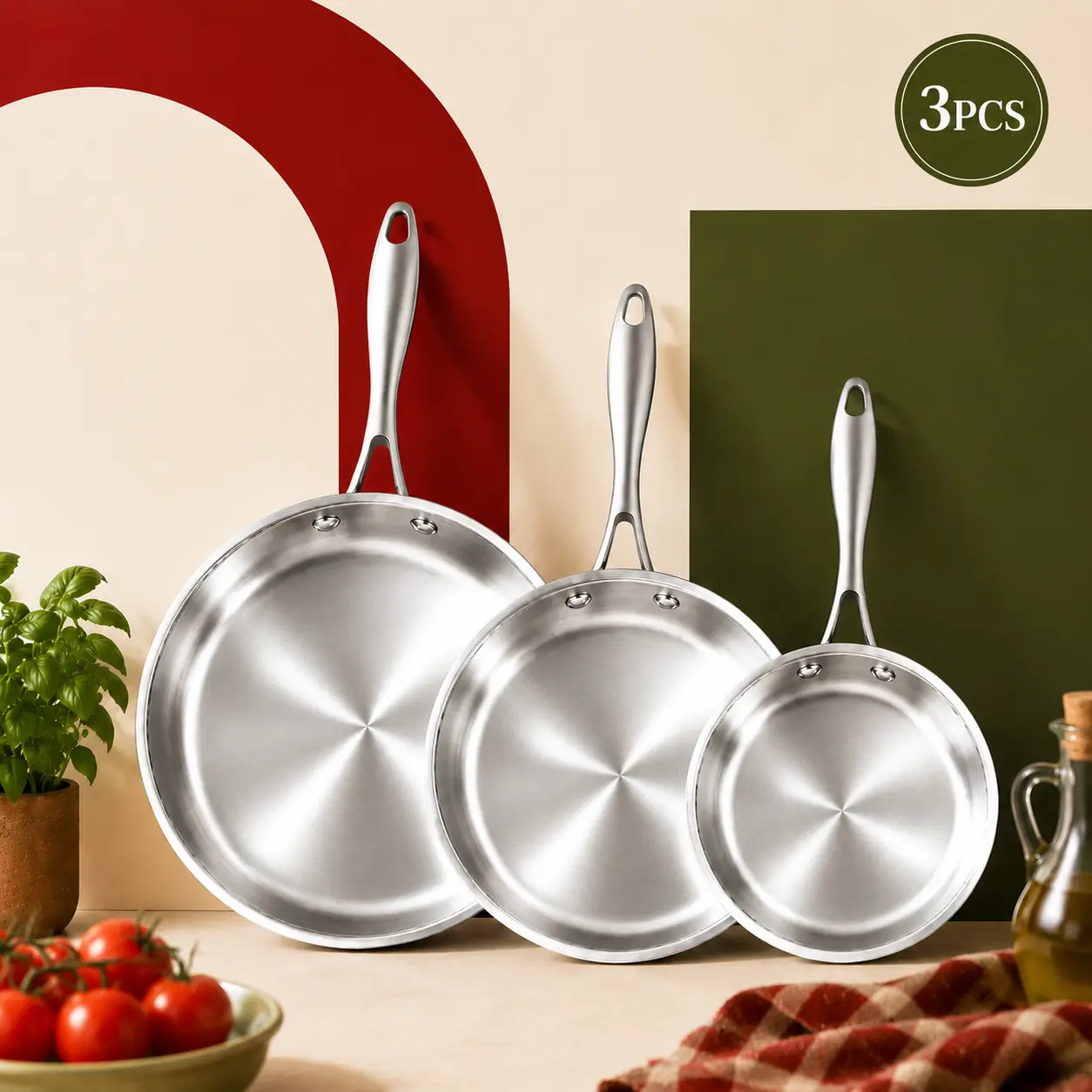 3PCS Stainless Steel Round Skillets Set, Kitchen Cookware with Fast Heat Performance, Heavy-Duty Construction, Dishwasher & Oven Safe, Compatible with Gas & Induction Cookers, Ideal for Everyday Cooking & Holidays Gifting, Thermal