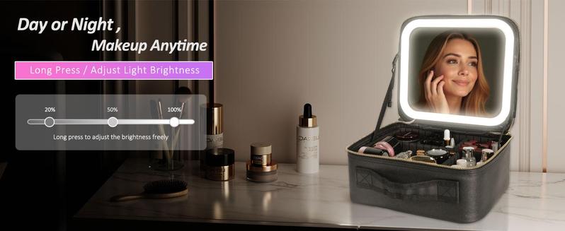 Behaesty Portable Makeup Bag with 3-Color LED Light Detachable Mirror 2000mAh USB Rechargeable Waterproof PU Leather Organizer Compact Travel Cosmetic Pouch Vanity Purse  Zip TikTokShopBlackFriday