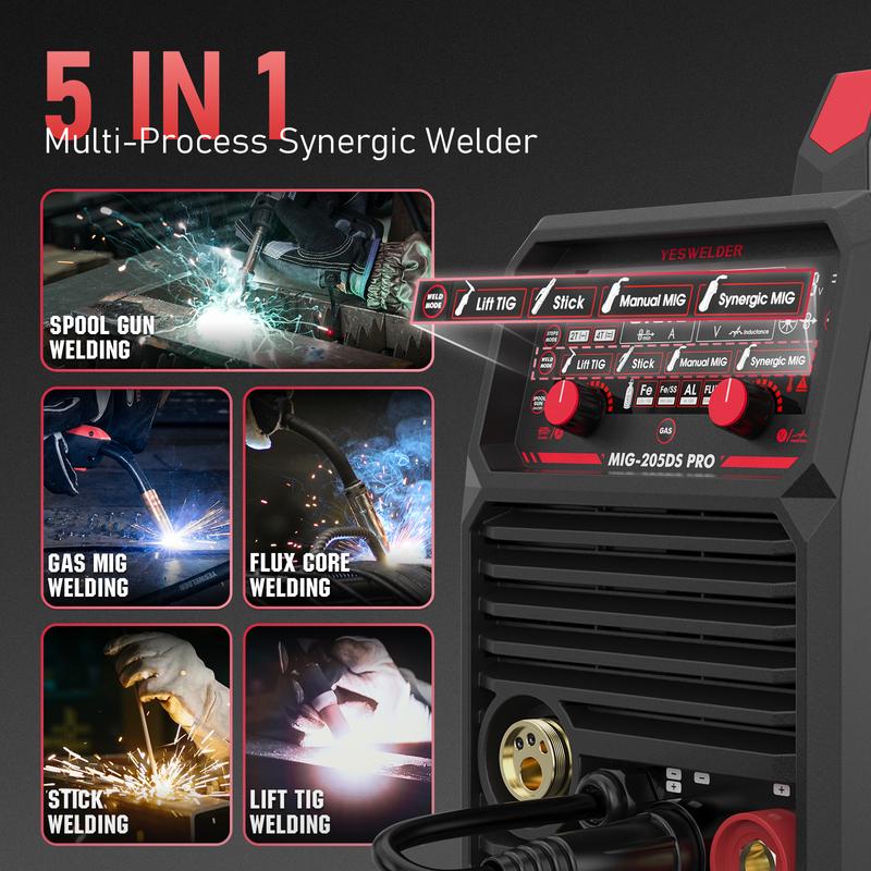 YESWELDER MIG-205DS-PRO Aluminum MIG Welder 205Amp | Synergic Control, 110/220V Dual Volts & Large LED Display | Gas/Flux Core/Spool Gun/Lift TIG/Stick Multiprocess Welding Machine