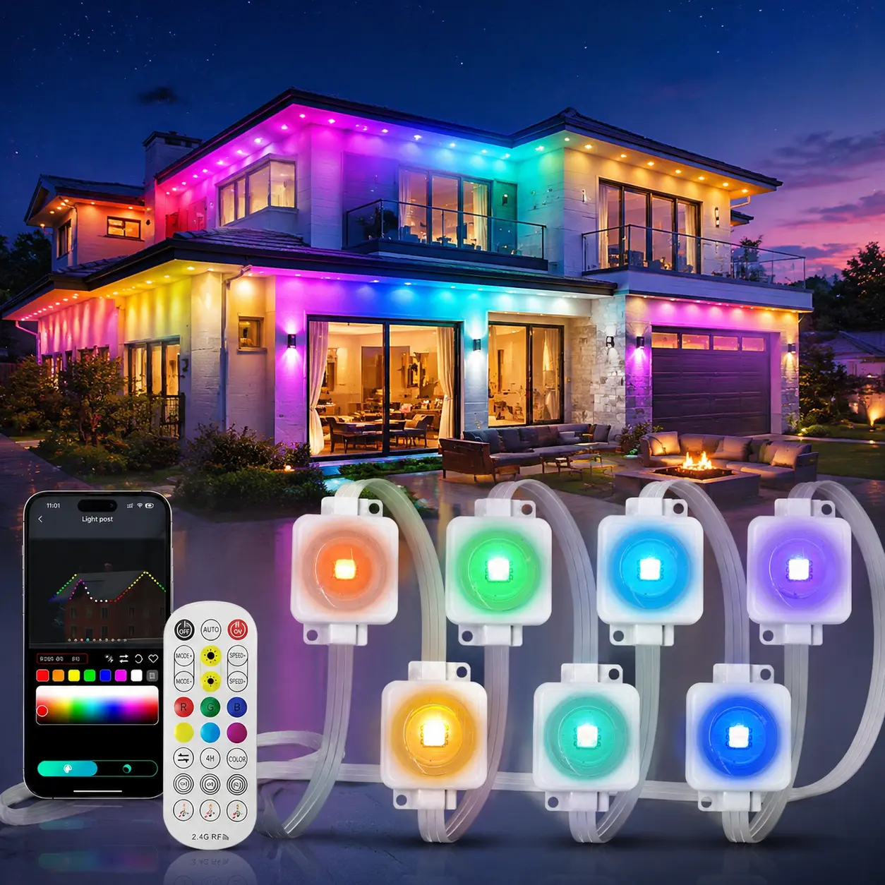 Outdoor Lights for House Eaves, RGBIC LED Eaves Lights, Permanent Install DIY Outdoor Lighting, App & Remote Control, Music Sync, IP67 Waterproof, 50ft 100ft 150ft 200ft 300ft, Christmas Lights Outdoor Decor