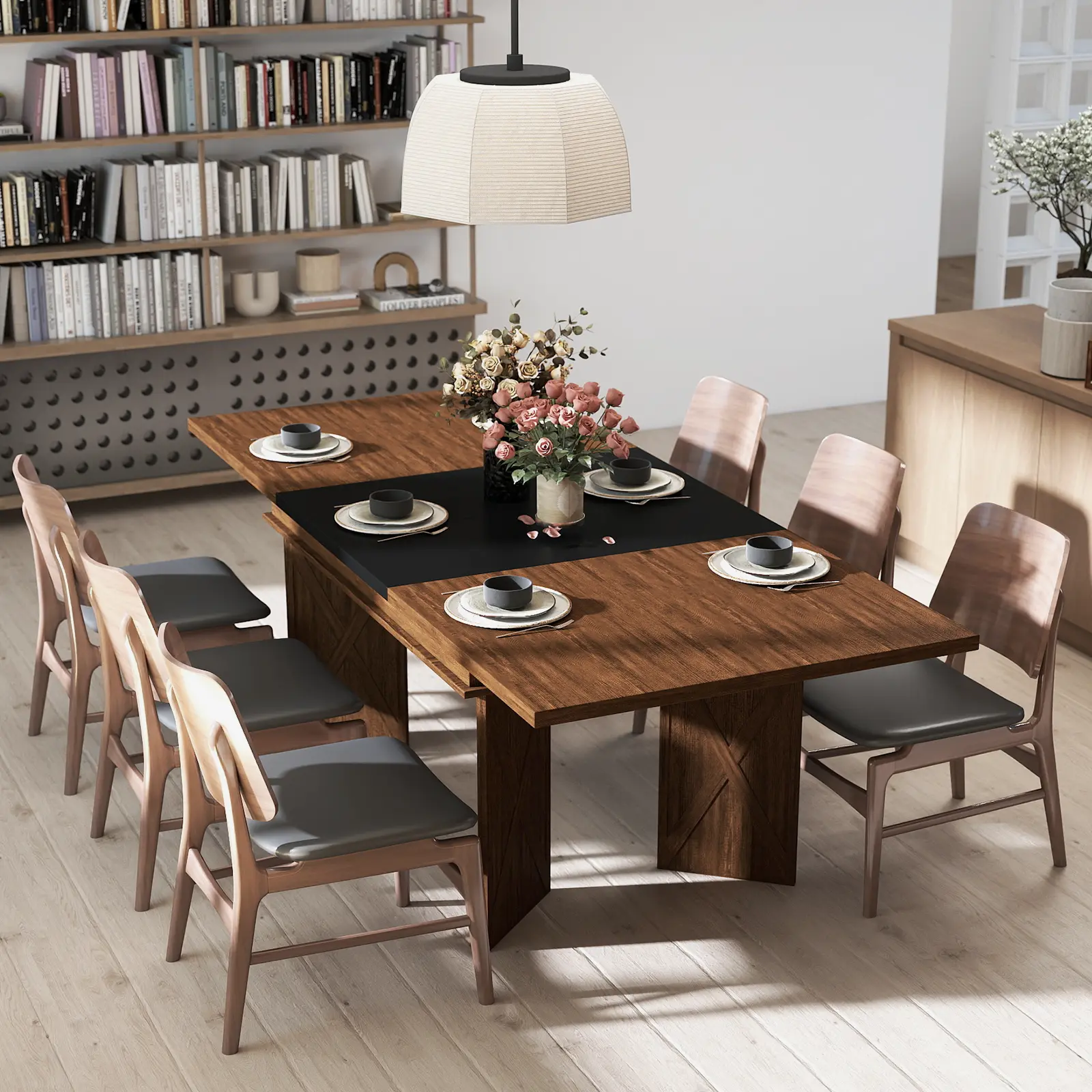 55inch-82inch Extendable Dining Table for 4-10 People,Long Rectangle Kitchen Table,Expandable Dining Room Table with Removable Extension Leaf,Wood Space Saving Dinner Table for Home Kitchen Living Room