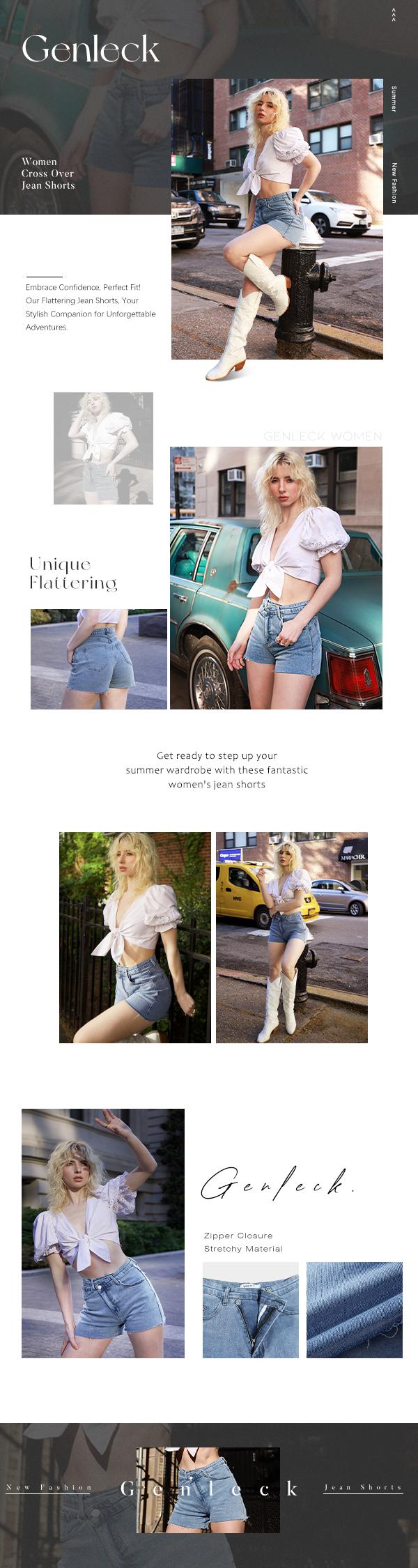 Genleck Women Crossover High Waisted Jeans Shorts Stretchy Casual Denim Shorts Boyfriend Summer Womenswear Streetwear Bottom Fit Ripped Style Chic