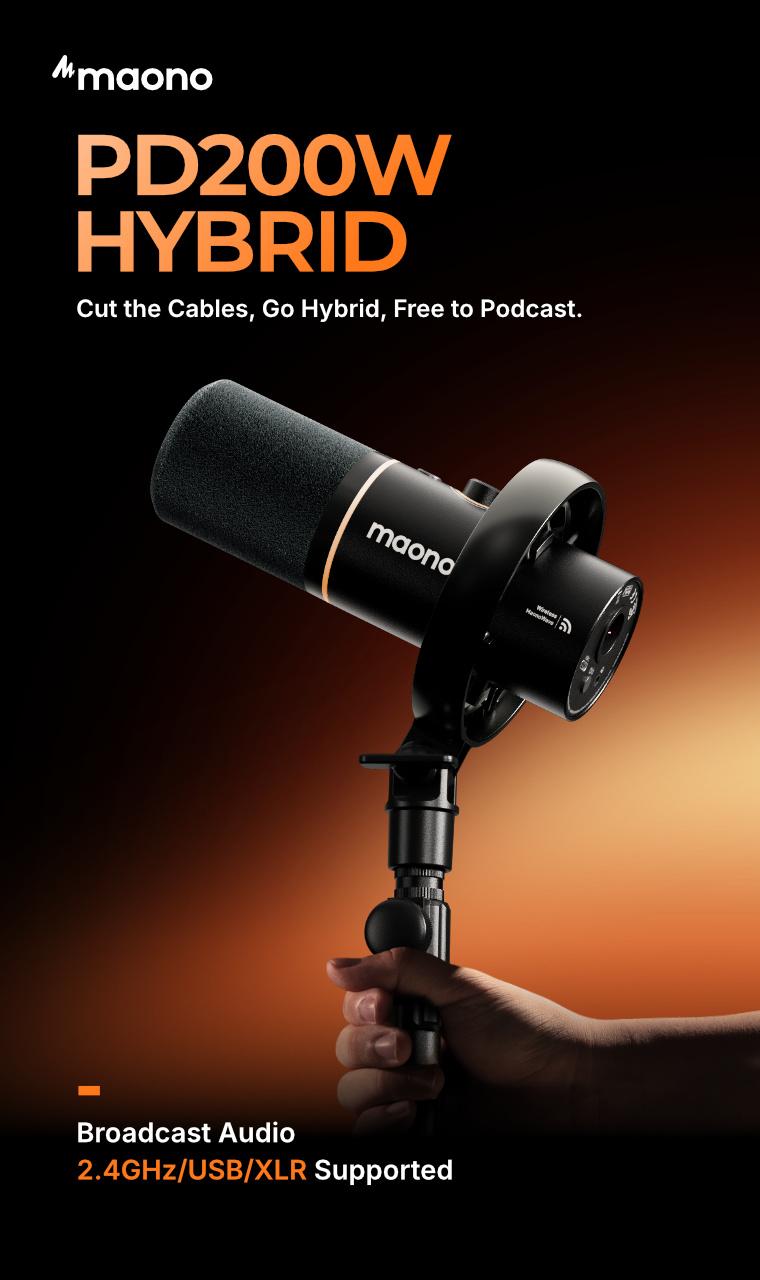 Maono PD200W Hybrid Wireless USB and XLR microphone for PC, Android smartphone, tablet, and Camera, Consoles, perfect for all podcasters, live streamers, gamers, and content creators.