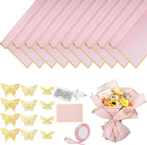 93 Pcs Flower Bouquet Wrapping Paper Kits, 20 Sheets Waterproof Floral Wrapping Paper 10 Greeting Cards 12 Gold Butterfly 50 Flower Pins 1 Roll Ribbon for Birthday Party Favor Valentine's Day
