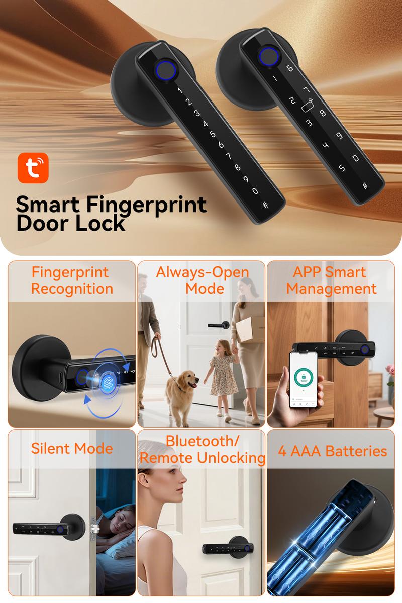 Smart Fingerprint Door Lock with Handle Keyless Entry 4-in-1 Card APP Backup Key Bedroom Home Privacy Apartment Local Data Storage