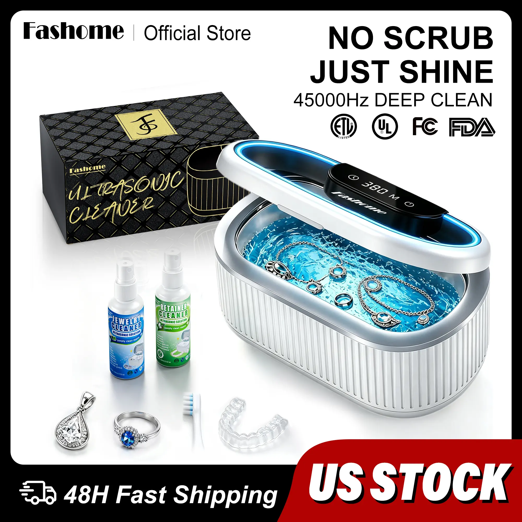 Fashome 45000Hz Compact Ultrasonic Cleaner - 3 Modes, 20oz 304 Stainless Steel Rectangular Tank, 2-Pack Solution, Basket, Tweezers, Cleaning Cloth, Watch Stand Compatible, for Mom, Daughter, Bestie (Jewelry, Eyeglasses, Dentures)